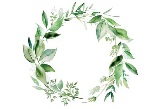 A beautiful watercolor painting of a wreath made of green leaves. Perfect for nature-themed designs