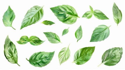 A collection of green leaves on a white background. Perfect for nature-themed designs
