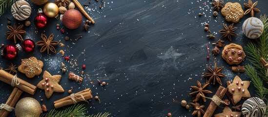 Christmas ornaments from the past, along with ginger cookies and spices, arranged on a black chalkboard seen from above - creating a background setting with room for text. - Powered by Adobe