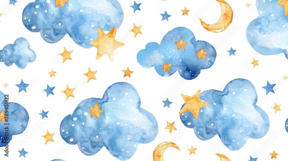 Poster blue clouds and gold stars pattern, suitable for backgrounds and design projects