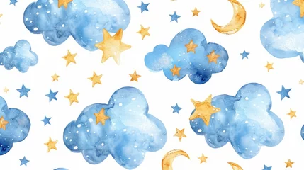 Rolgordijnen Blue clouds and gold stars pattern, suitable for backgrounds and design projects © Fotograf
