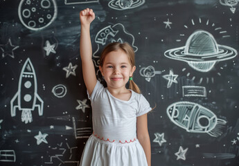 A little girl is standing in front of the blackboard. She raises her hand and holds up an outstretched arm with her fingers to draw space on it