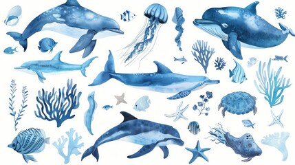 Colorful watercolor painting of whales and sea creatures, suitable for educational materials