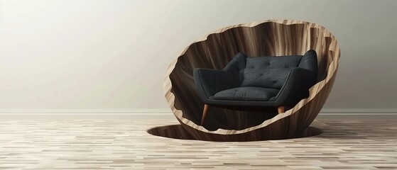 A chair with a deep pit in 3D. - obrazy, fototapety, plakaty