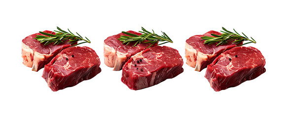Collection of fresh, raw, red beef meat on a transparent background. PNG, cutout, or clipping path