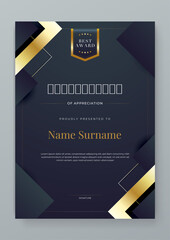 Black and gold vector award certificate template fancy modern abstract for corporate. For appreciation, achievement, awards, education, competition, diploma template
