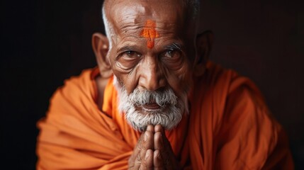 Indian monk portrait wide angle lens realistic lighting - obrazy, fototapety, plakaty