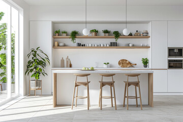 Fototapeta na wymiar minimalist scandinavian kitchen interior with white cabinets. minimalistic interior design
