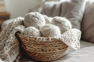 Obraz premium Balls of gray yarn in a basket.