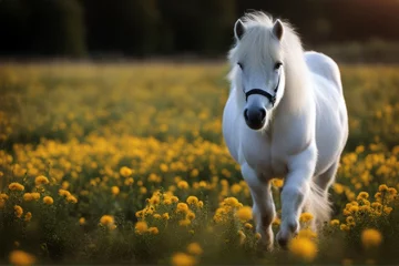 Foto op Plexiglas yellow field pony shetland flowers White horse breed mane free pasture portrait equestrian warm gelding animal domestic little western beauty grey paddock summer © mohamedwafi