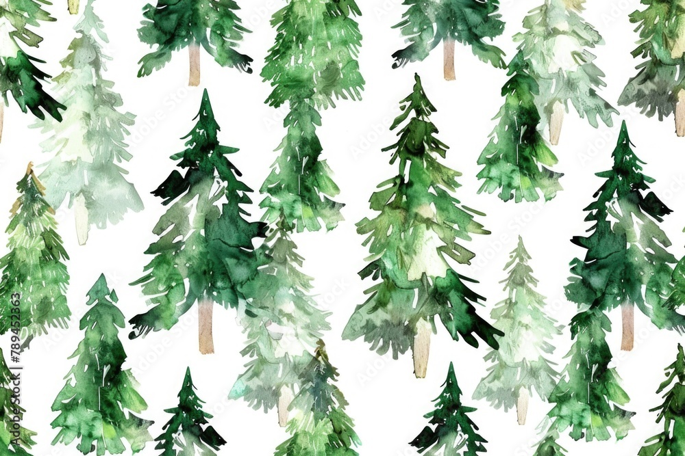 Poster A beautiful watercolor pattern of pine trees on a white background. Ideal for various design projects