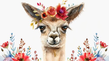 Fototapeta premium Cute llama wearing a flower crown, perfect for animal lovers