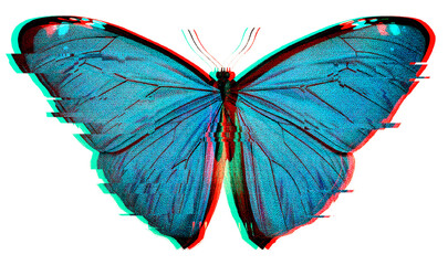 Blue butterfly with glitch effect design element