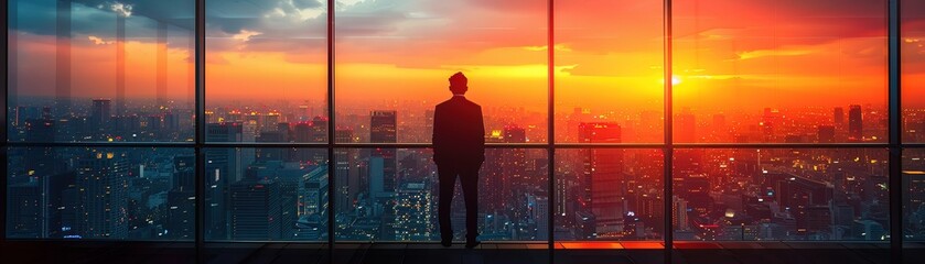 Phoenix and a visionary businessman on a rooftop, overlooking a skyline at dawn, symbol of new beginnings - obrazy, fototapety, plakaty