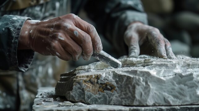 Tight focus on a sculptor hands chiseling stone, capturing the raw transformation from stone to art