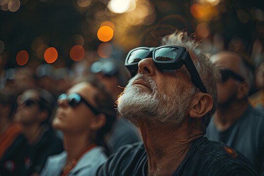Group of people watching solar eclipse through safe solar viewing glasses.