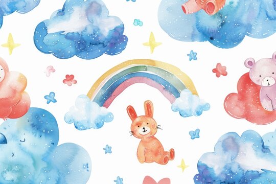 Cute watercolor animals and fluffy clouds pattern for children's design projects