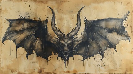 Winged Demon Silhouette on Aged Parchment. Concept Fantasy Art, Silhouette Design, Demon Figure, Aged Parchment Background - obrazy, fototapety, plakaty