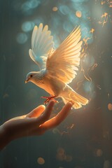 The Holy Spirit descends like a white dove on the palm.