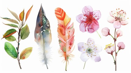 Colorful flowers and delicate feathers arranged on a clean white backdrop. Perfect for spring-themed designs or elegant stationary