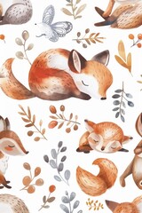Watercolor pattern featuring foxes and various animals. Suitable for children's books or nature-themed designs