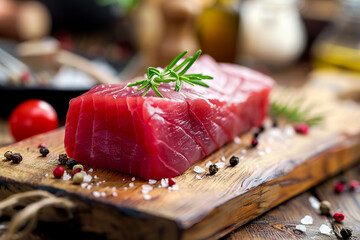 A piece of tuna on a wooden cutting board.