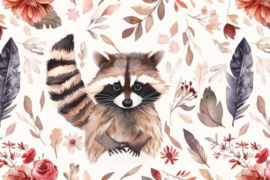 A painting of a raccoon on a beautiful floral background. Suitable for nature and animal-themed designs