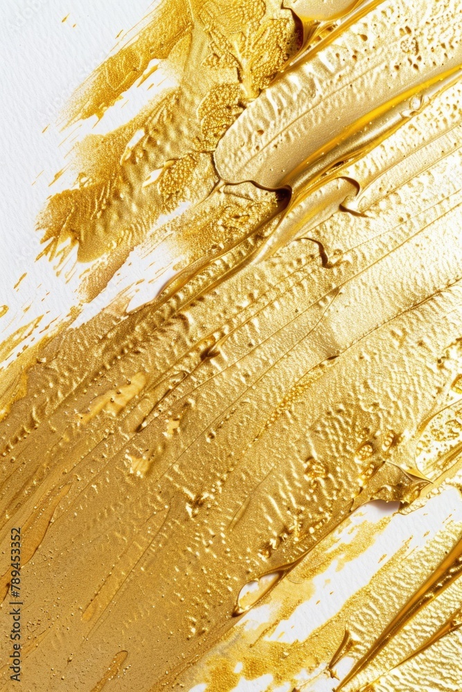 Poster close up of gold paint on white surface. suitable for backgrounds and textures