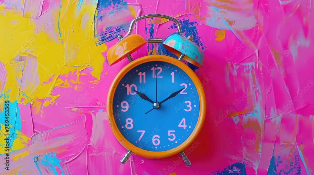 Poster An orange alarm clock on a vibrant pink background. Perfect for time management concepts