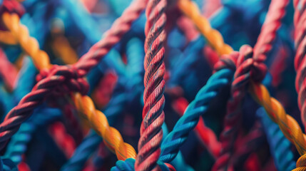 rope on a rope Braided colorful ropes isolated on white, top view. Unity concept - obrazy, fototapety, plakaty