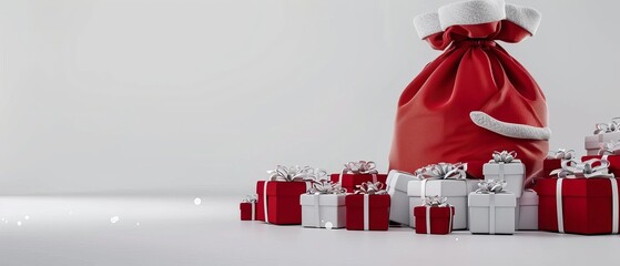 An image of a lot of gift boxes in a Santa red bag on a white background. - Powered by Adobe