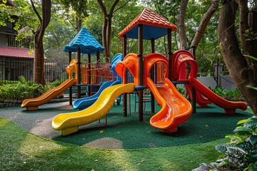 Kids playground with colorful equipment.