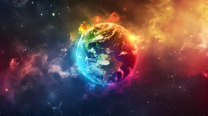 Foto op Canvas A globe radiating with vibrant colors. representing global unity and diversity. The cosmic background accentuates the vivid colors of its radiation. Contrast is created by the space around it.  © Oleksandr