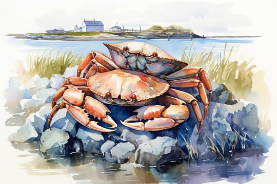 Watercolor painting with crabs on the shore.