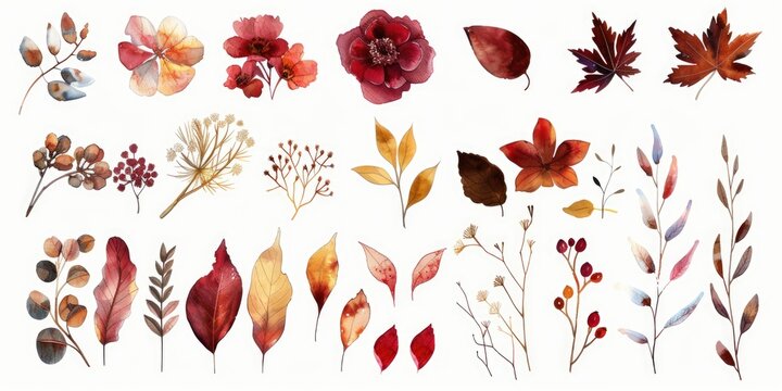 Beautiful watercolor flowers and leaves for various design projects