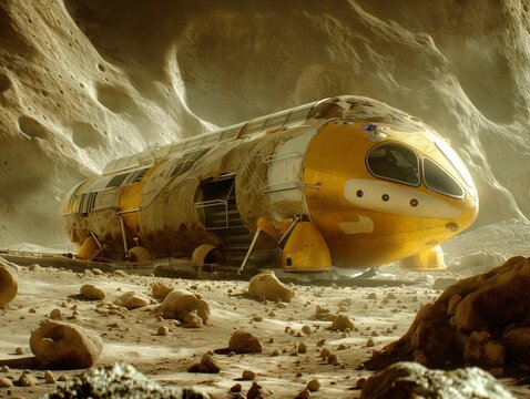 A yellow space ship is on a rocky surface. The ship is old and rusted, and it is abandoned. The scene is desolate and barren, with no signs of life or civilization in sight