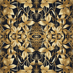 golden black plants seamless pattern, creative ornament, gold floral background, fashion print, original decoration