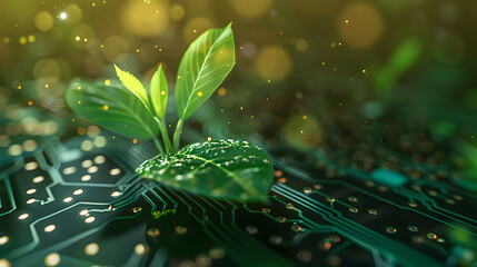 A green shoot of a plant is growing on top of an electronic circuit board. representing the concept of sustainable technology and environmental sustainability. The background is blurred - obrazy, fototapety, plakaty