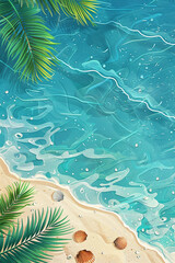 Summer vertical illustration with copy space. Bird's eye view of the ocean island with sand and palm trees. Exotic tour vacation advertisement