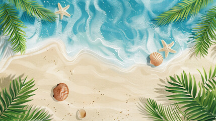 Summer horizontal illustration with copy space. Bird's eye view of the ocean island with sand and palm trees. Exotic tour travel vacation advertisement