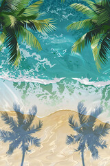 Summer vertical illustration with copy space. Bird's eye view of the ocean island with sand and palm trees. Exotic tour vacation advertisement.