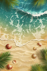Summer vertical illustration with copy space. Bird's eye view of the ocean island with sand and palm trees. Exotic tour vacation advertisement leaflet