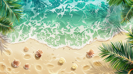 Summer travel horizontal illustration with copy space. Bird's eye view of the ocean island with sand and palm trees. Exotic tour vacation advertisement