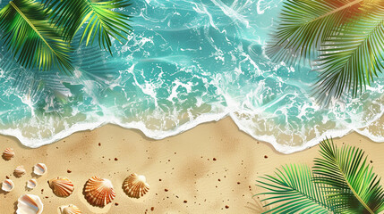 Summer sunny horizontal illustration with copy space. Bird's eye view of the ocean island with sand and palm trees. Exotic tour vacation advertisement