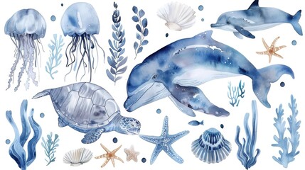 Colorful painting featuring a whale, jellyfish, and other sea creatures. Ideal for educational materials or marine-themed designs - obrazy, fototapety, plakaty