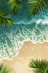 Summer vertical illustration with copy space. Bird's eye view of the ocean island with sand and palm trees. Exotic tour vacation advertisement flyer