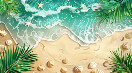 Summer horizontal illustration with copy space. Bird's eye view of the ocean island with sand shells and palm trees. Exotic tour vacation advertisement. Banner
