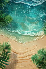 Summer vertical illustration for social media with copy space. Bird's eye view of the ocean island with sand and palm trees. Exotic tour vacation advertisement