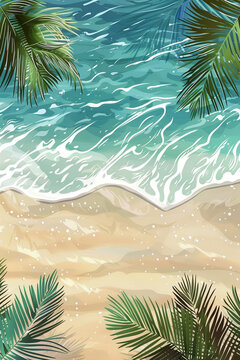Summer illustration with empty space for text. Bird's eye view of the ocean island with sand and palm trees. Exotic tour vacation advertisement
