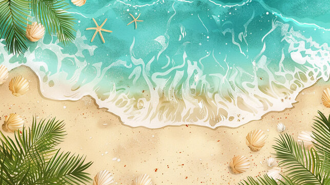 Summer horizontal illustration with copy space. Bird's eye view of the ocean island with sand and palm trees. Exotic tour vacation advertisement